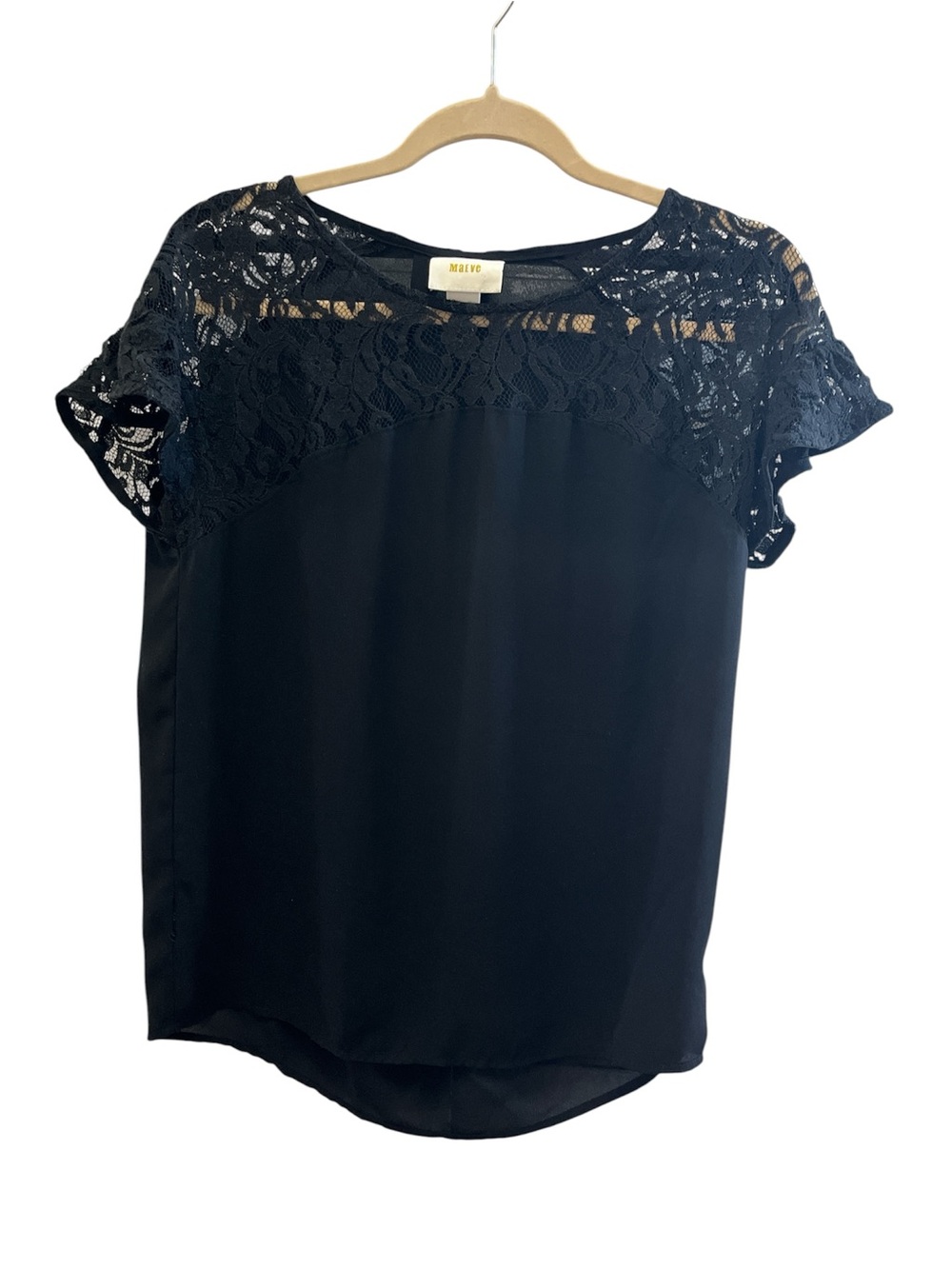 Maeve by Anthropologie Black Lace Yoke Short Sleeve Top